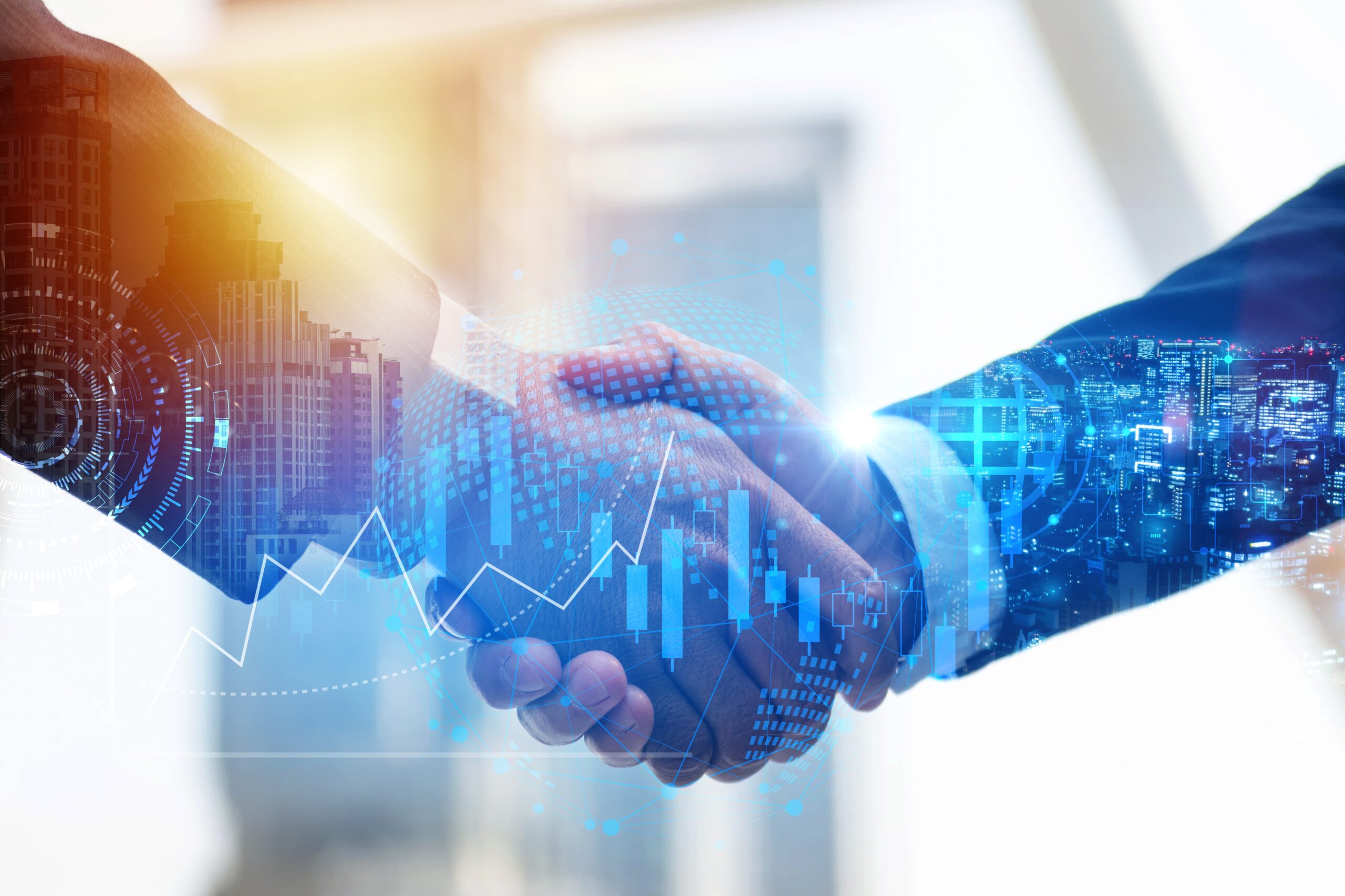 Two,businessman,investor,handshake,with,effect,global,world,map,network